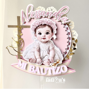 Girl Baptism Cake Topper – Custom Name, Pink Gold Floral Baby Decor